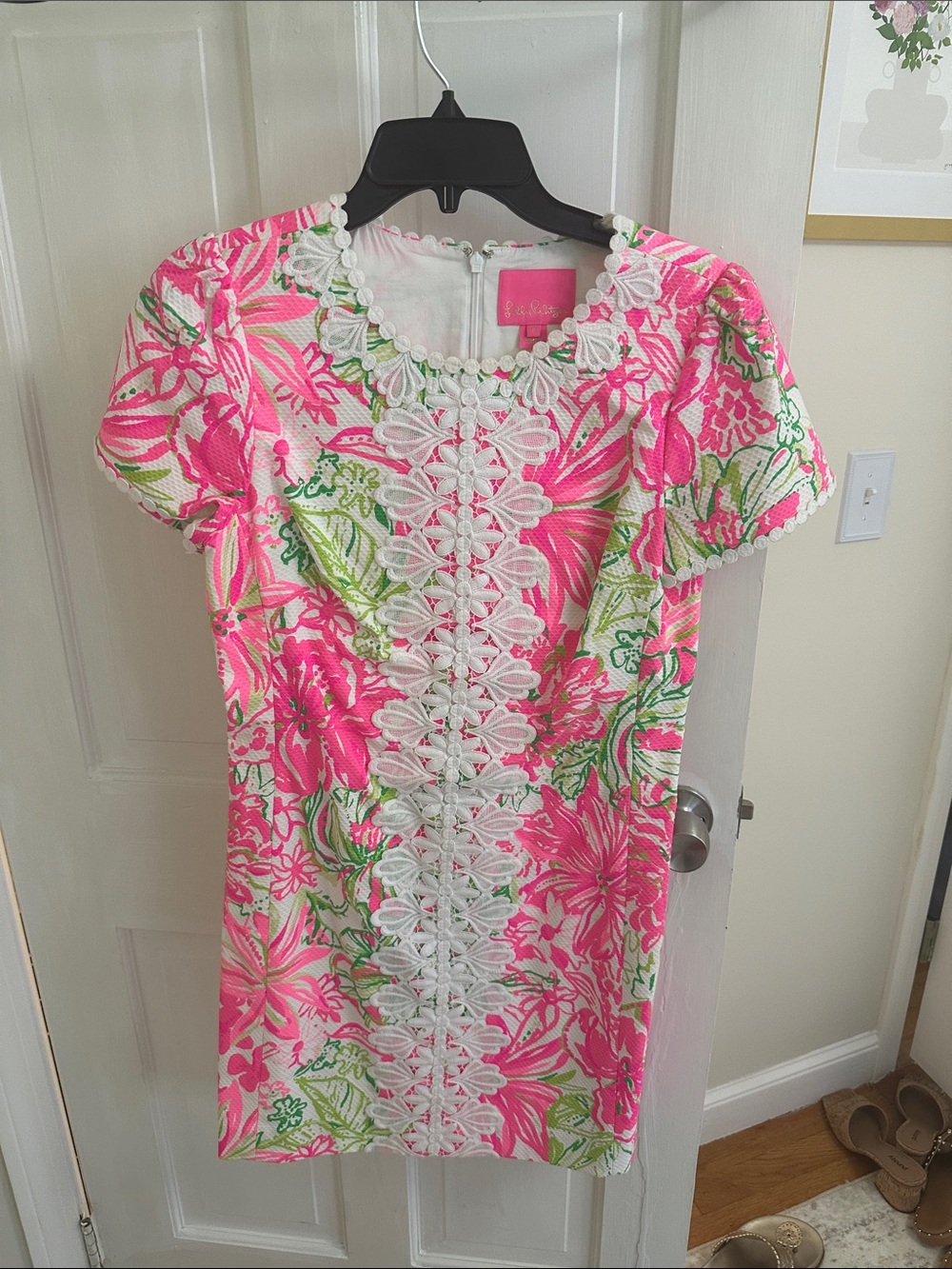 Lilly Pulitzer Pink & Green Floral Mini Dress with White Lace Trim